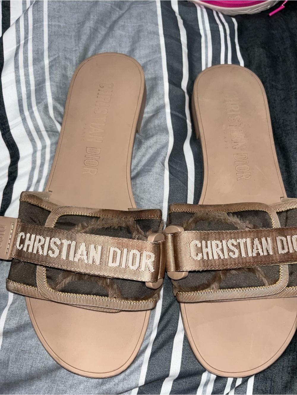 Dior Beige Brown Logo-Embroidered Slide Sandals